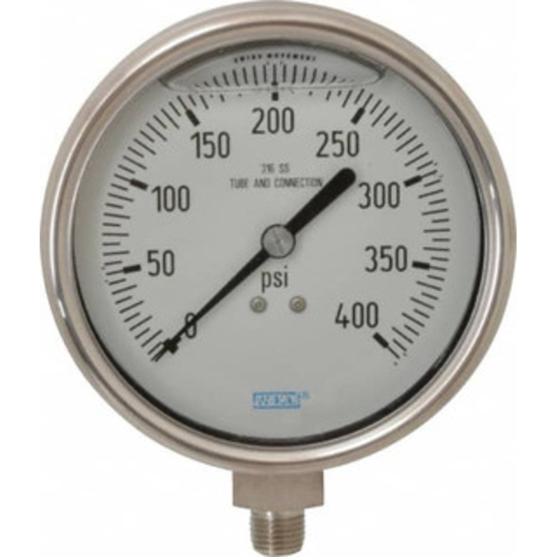 WIKA 4 Dial, 1/4 Thread, 0-400 Scale Range, Pressure Gauge Lower Connection Mount, Accurate to 1% of Scale 9832411 – 63149025
