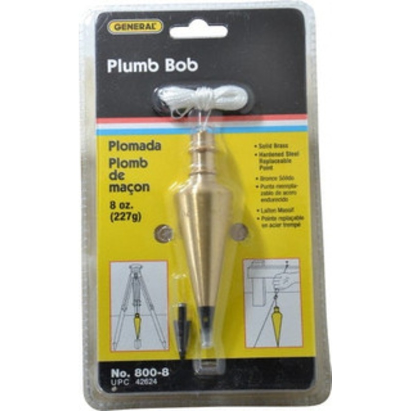 General 4-1/2 Inch Long, 1-3/16 Inch Diameter Brass Plumb Bob 8 Ounce, Has Replacable Tip 800-8 – 65150930