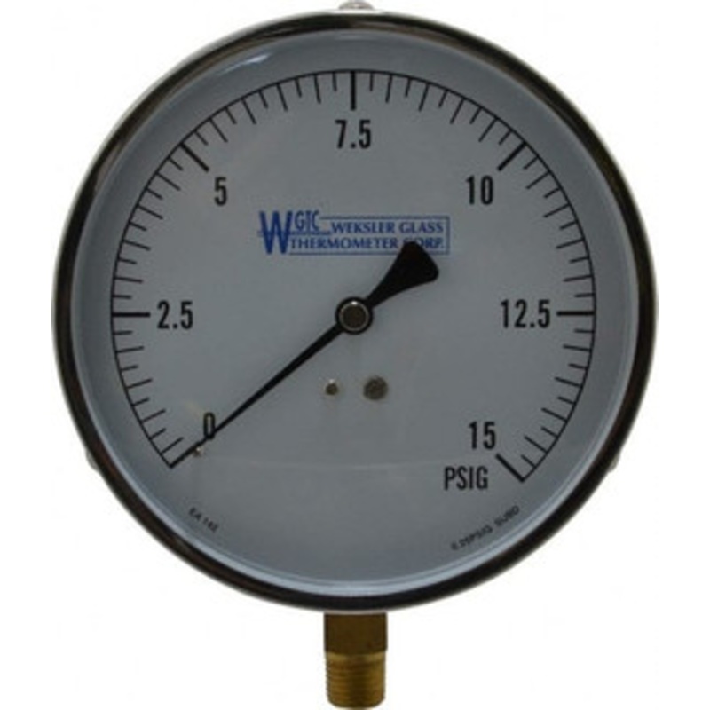 WGTC Weksler Glass Thermometer Corp. 4-1/2 Dial, 1/4 Thread, 0-15 Scale Range, Pressure Gauge Lower Connection Mount, Accurate to 1% of Scale EA/142 – 86493970