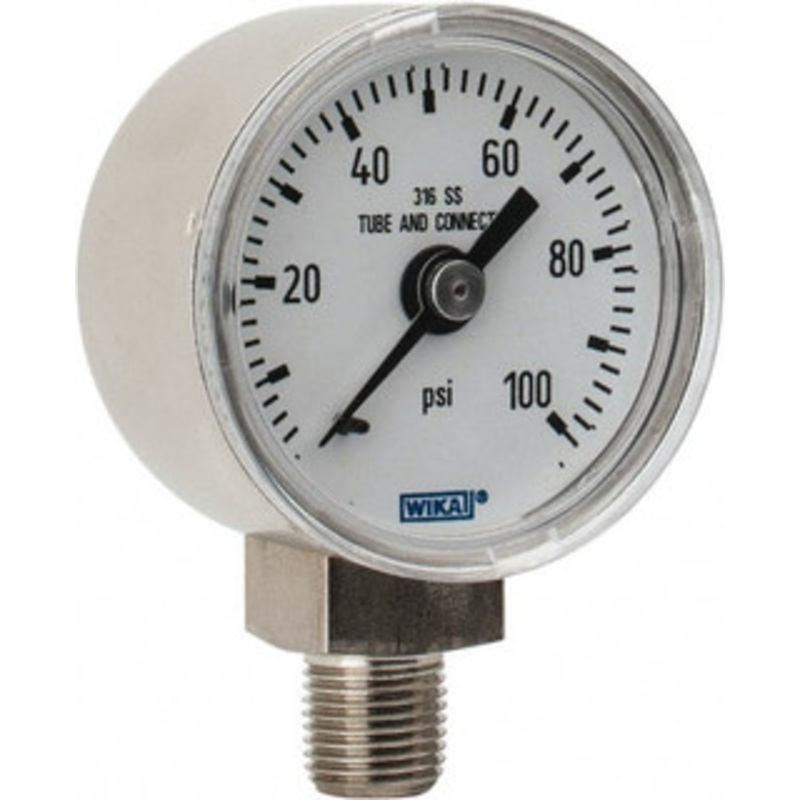 WIKA 1-1/2 Dial, 1/8 Thread, 0-100 Scale Range, Pressure Gauge Lower Connection Mount, Accurate to 2.5% of Scale 9117920 – 56451453