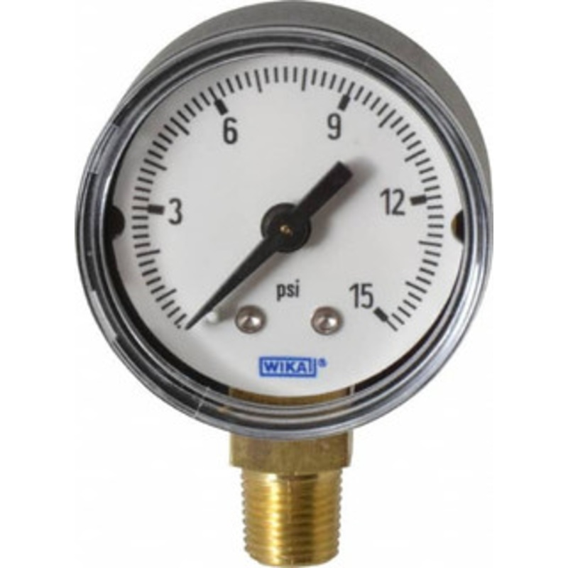 WIKA 1-1/2 Dial, 1/8 Thread, 0-15 Scale Range, Pressure Gauge Lower Connection Mount, Accurate to 3-2-3% of Scale 9747222 – 86366093