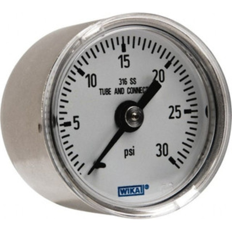 WIKA 1-1/2 Dial, 1/8 Thread, 0-30 Scale Range, Pressure Gauge Center Back Connection Mount, Accurate to 2.5% of Scale 9118128 – 56451503