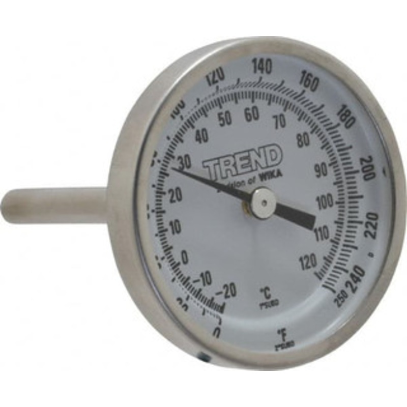 WIKA 2-1/2 Stem, 0 to 250 F Bi-Metal Thermometer Back Connected, 1% Accurate, Stainless Steel 20025A006G2 – 56440258