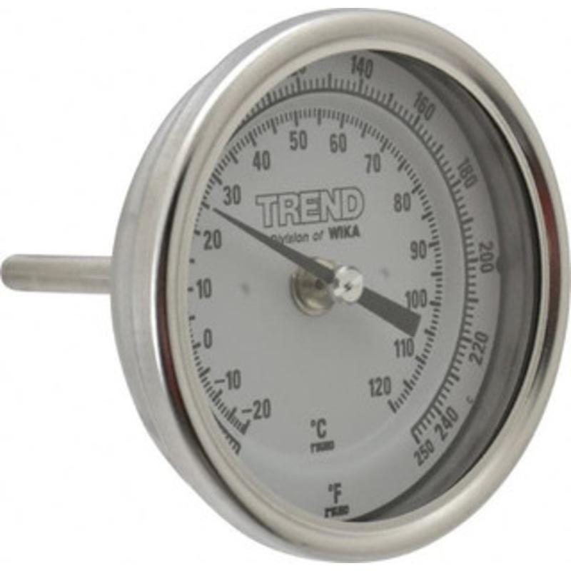 WIKA 2-1/2 Stem, 0 to 250 F Bi-Metal Thermometer Back Connected, 1% Accurate, Stainless Steel 52877123 – 56426471