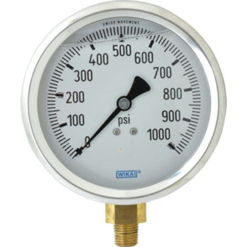 WIKA 4 Dial, 1/4 Thread, 0-1,000 Scale Range, Pressure Gauge Lower Connection Mount, Accurate to 1% of Scale 9699185 – 56454069