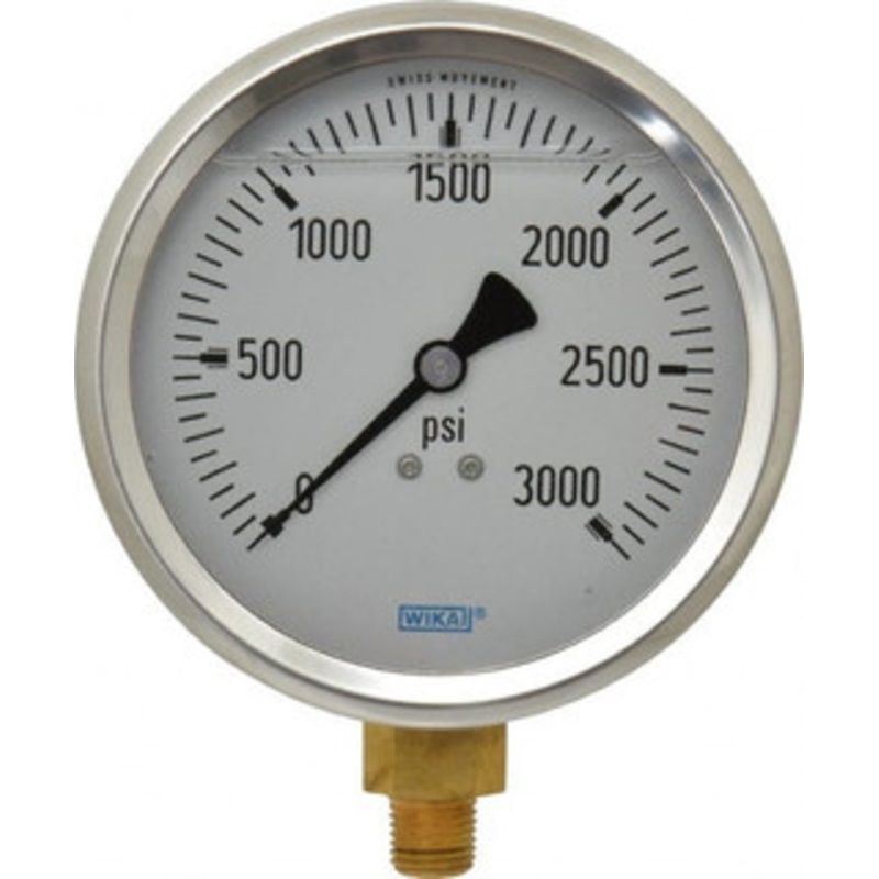WIKA 4 Dial, 1/4 Thread, 0-3,000 Scale Range, Pressure Gauge Lower Connection Mount, Accurate to 1% of Scale 9699215 – 56454093