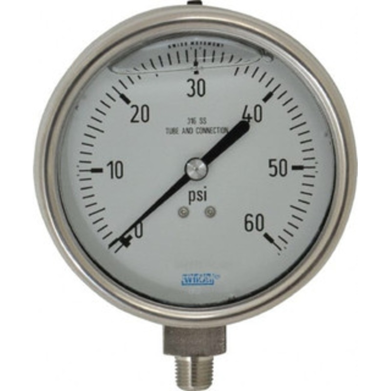 WIKA 4 Dial, 1/4 Thread, 0-60 Scale Range, Pressure Gauge Lower Connection Mount, Accurate to 1% of Scale 9832365 – 63148993