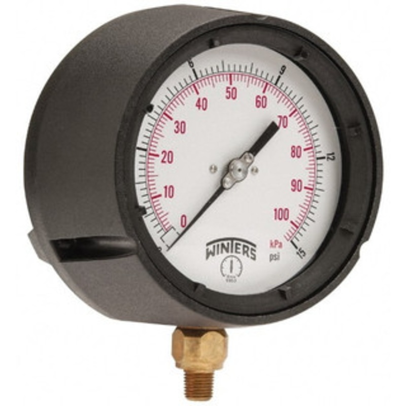 Winters Instruments 4-1/2 Dial, 1/4 Thread, 0-15 Scale Range, Pressure Gauge Lower Connection Mount, Accurate to 0.5% of Scale PPC5081 – 89906259