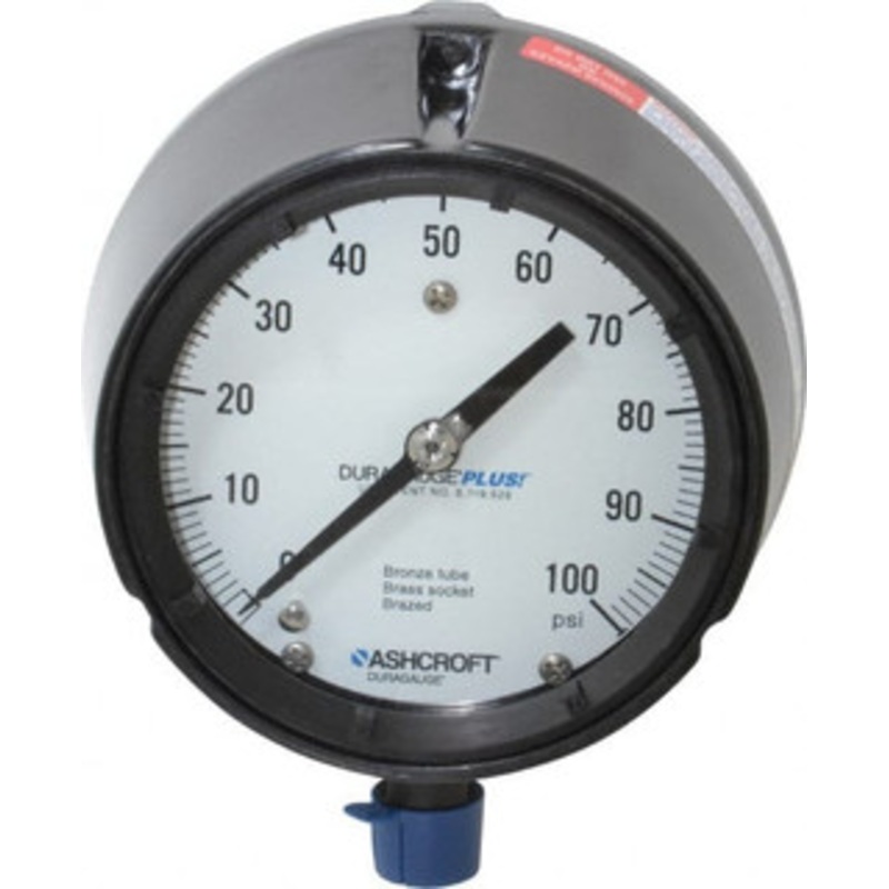 Ashcroft 4-1/2 Dial, 1/2 Thread, 0-100 Scale Range, Pressure Gauge Lower Connection, Rear Flange Connection Mount, Accurate to 0.5% of Scale 91480XLL – 74697814