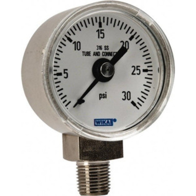 WIKA 1-1/2 Dial, 1/8 Thread, 0-30 Scale Range, Pressure Gauge Lower Connection Mount, Accurate to 2.5% of Scale 9117946 – 56451438