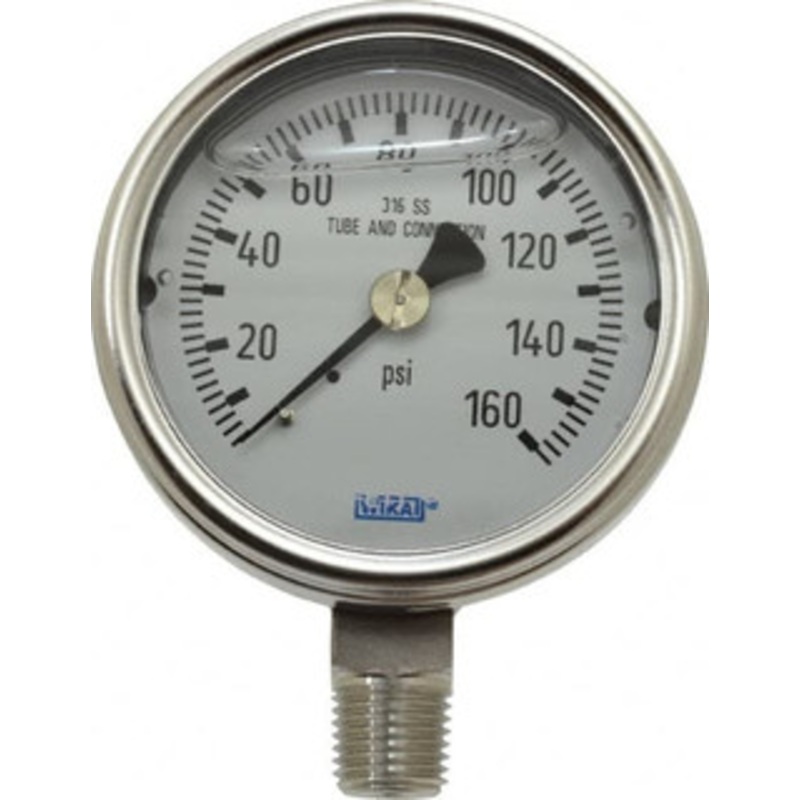 WIKA 2-1/2 Dial, 1/4 Thread, 0-160 Scale Range, Pressure Gauge Lower Connection Mount, Accurate to 2-1-2% of Scale 9831899 – 67559419