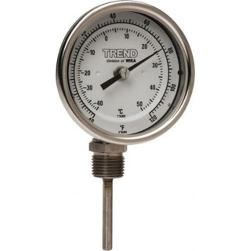WIKA 2-1/2 Stem, -40 to 120 F Bi-Metal Thermometer Bottom Connected, 1% Accurate, Stainless Steel 31025A002G4 – 56430853