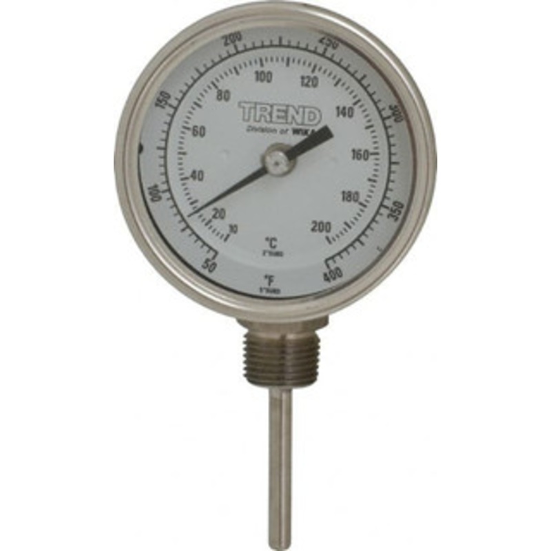 WIKA 2-1/2 Stem, 50 to 400 F Bi-Metal Thermometer Bottom Connected, 1% Accurate, Stainless Steel 31025A009G4 – 56430911