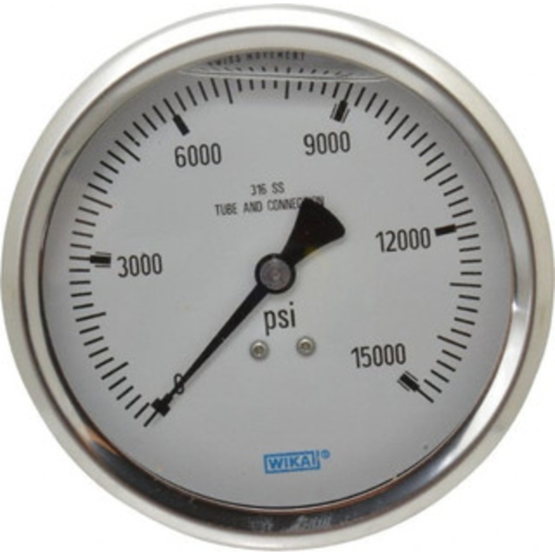 WIKA 4 Dial, 1/2 Thread, 0-15,000 Scale Range, Pressure Gauge Lower Back Connection Mount, Accurate to 1% of Scale 9831733 – 56455520