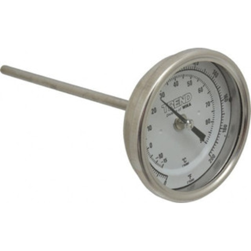 WIKA 6 Stem, 0 to 200 F Bi-Metal Thermometer Back Connected, 1% Accurate, Stainless Steel 30060A005G4 – 56426703