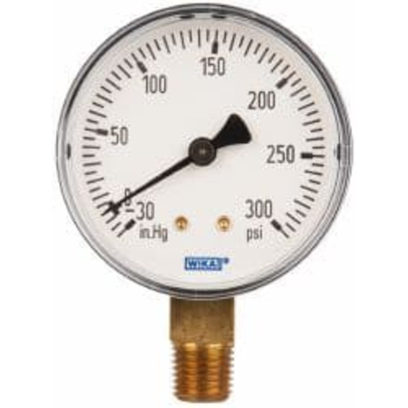 WIKA 2-1/2 Dial, 1/4 Thread, 30-0-300 Scale Range, Pressure Gauge Lower Connection Mount, Accurate to 3-2-3% of Scale 4260082 – 63146609