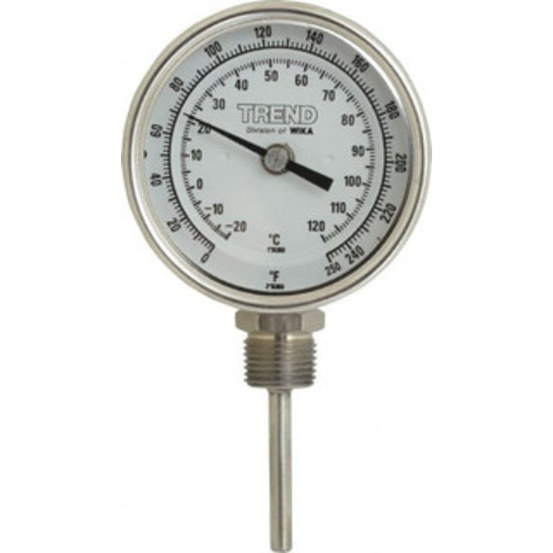 WIKA 2-1/2 Stem, 0 to 250 F Bi-Metal Thermometer Bottom Connected, 1% Accurate, Stainless Steel 52877948 – 56430887