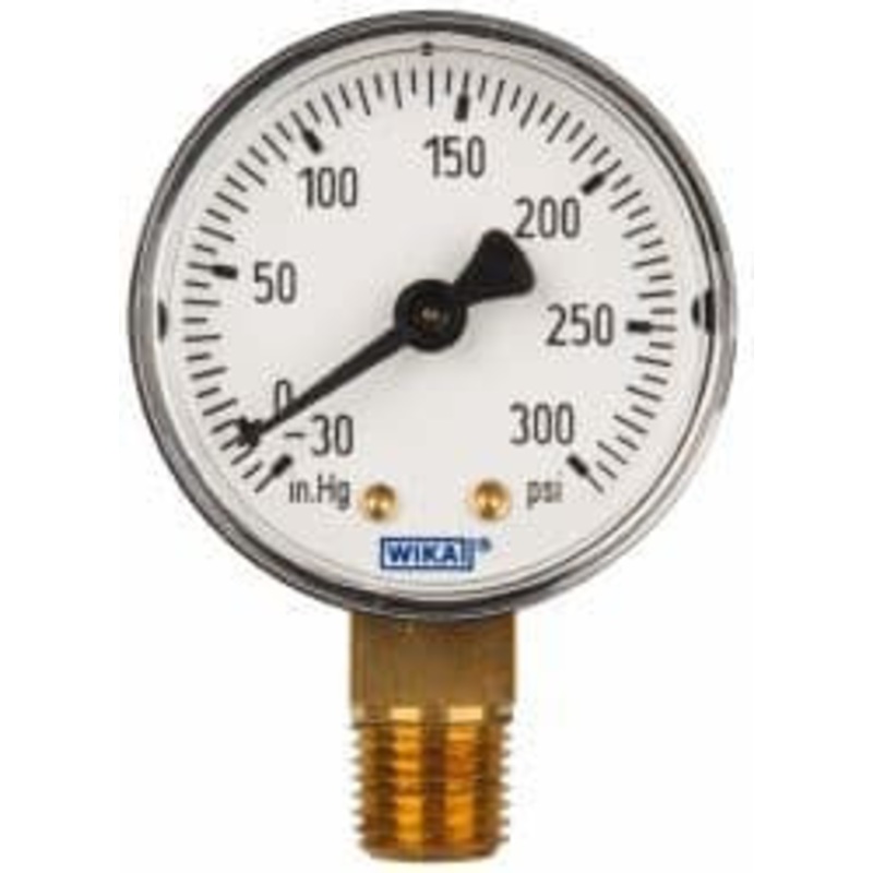 WIKA 2 Dial, 1/4 Thread, 30-0-300 Scale Range, Pressure Gauge Lower Connection Mount, Accurate to 3-2-3% of Scale 50786580 – 63146658