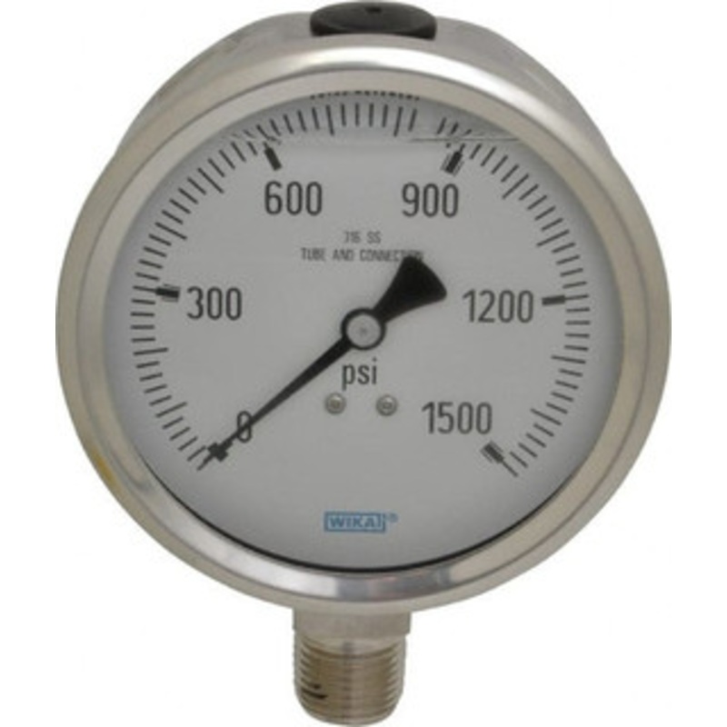 WIKA 4 Dial, 1/2 Thread, 0-1,500 Scale Range, Pressure Gauge Lower Connection Mount, Accurate to 1% of Scale 9833701 – 56455173