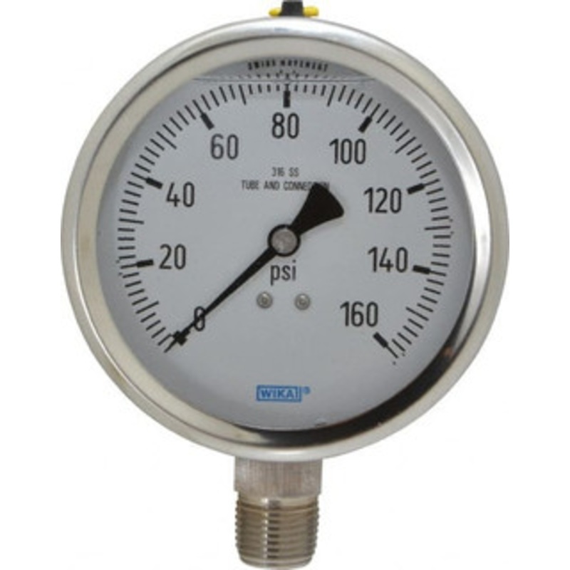 WIKA 4 Dial, 1/2 Thread, 0-160 Scale Range, Pressure Gauge Lower Connection Mount, Accurate to 1% of Scale 9833425 – 56455116