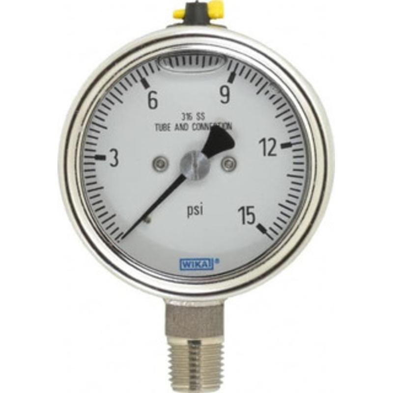 WIKA 2-1/2 Dial, 1/4 Thread, 15 Scale Range, Pressure Gauge Lower Connection Mount, Accurate to 2-1-2% of Scale 9305394 – 63151583