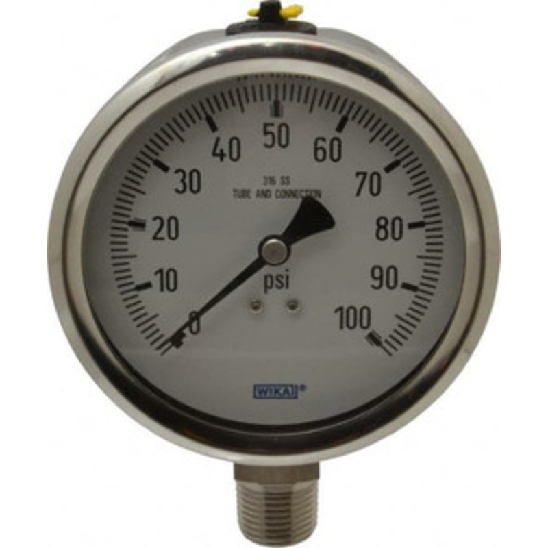 WIKA 4 Dial, 1/2 Thread, 0-100 Scale Range, Pressure Gauge Lower Connection Mount, Accurate to 1% of Scale 9768548 – 56452857