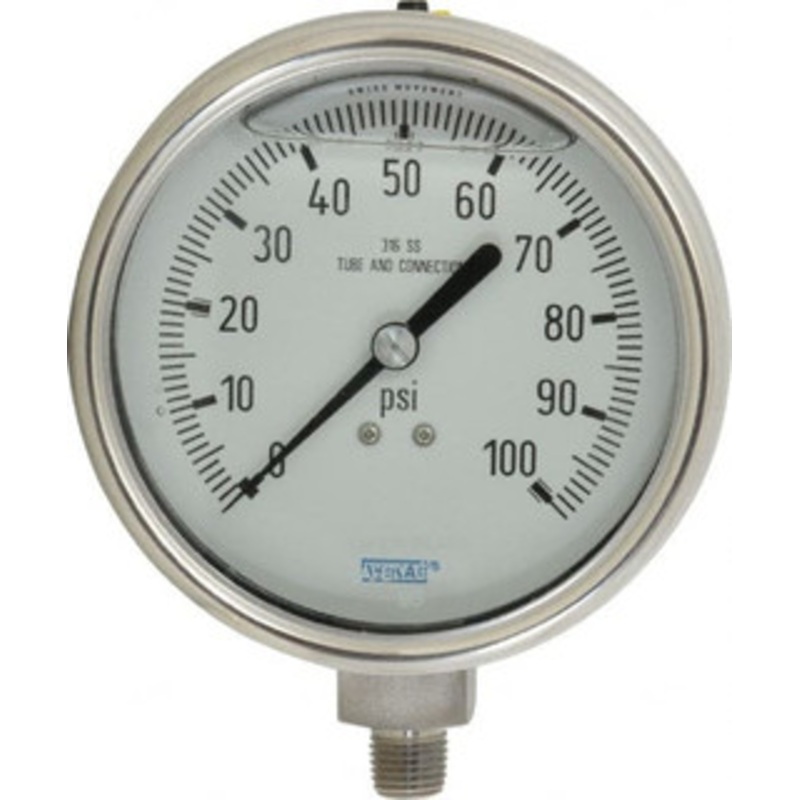 WIKA 4 Dial, 1/4 Thread, 0-100 Scale Range, Pressure Gauge Lower Connection Mount, Accurate to 1% of Scale 9832373 – 63149009