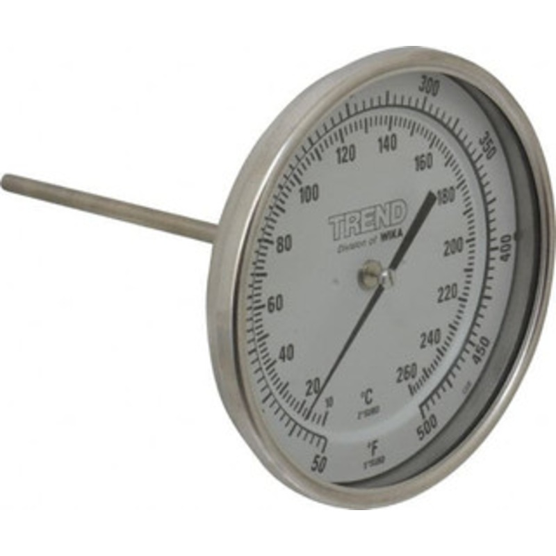 WIKA 6 Stem, 50 to 500 F Bi-Metal Thermometer Back Connected, 1% Accurate, Stainless Steel 50060A010G4 – 56429111