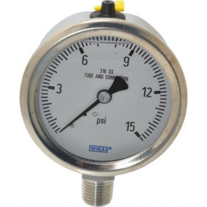 WIKA 2-1/2 Dial, 1/4 Thread, 0-15 Scale Range, Pressure Gauge Lower Connection Mount, Accurate to 1.5% of Scale 9833604 – 56454499