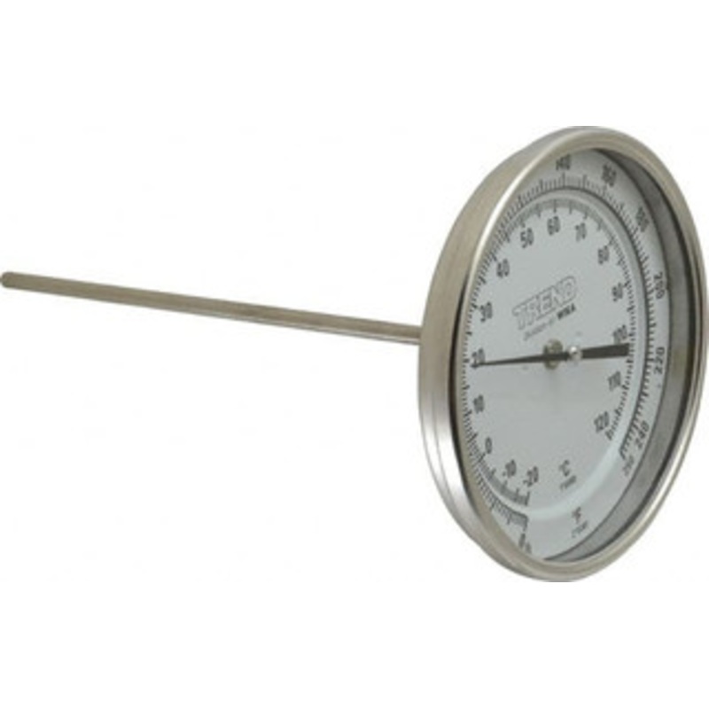 WIKA 9 Stem, 0 to 250 F Bi-Metal Thermometer Back Connected, 1% Accurate, Stainless Steel 50090A006G4 – 56429194