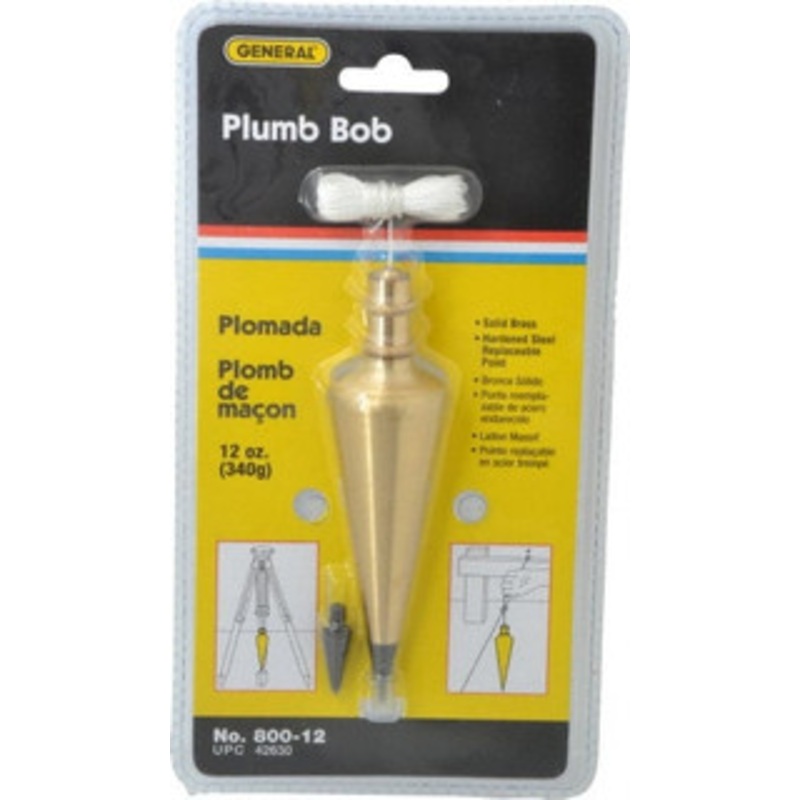 General 5 Inch Long, 1-3/8 Inch Diameter Brass Plumb Bob 12 Ounce, Has Replacable Tip 800-12 – 04464434