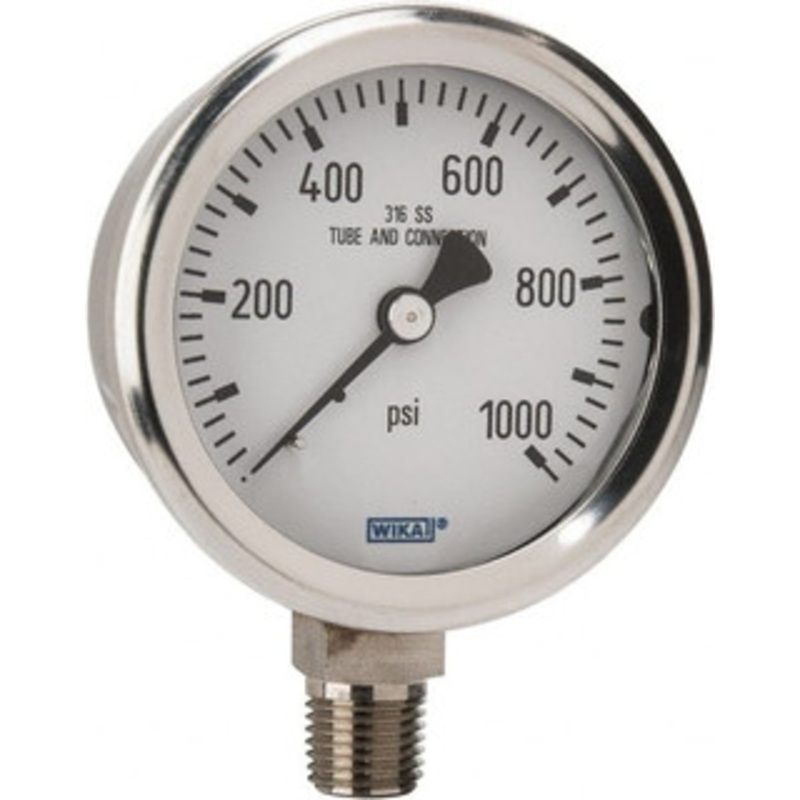 WIKA 2-1/2 Dial, 1/4 Thread, 0-1,000 Scale Range, Pressure Gauge Lower Connection Mount, Accurate to 1.5% of Scale 9768645 – 56452337