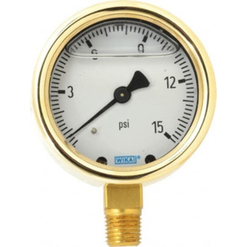 WIKA 2-1/2 Dial, 1/4 Thread, 0-15 Scale Range, Pressure Gauge Lower Connection Mount, Accurate to 1.5% of Scale 9310673 – 56455736