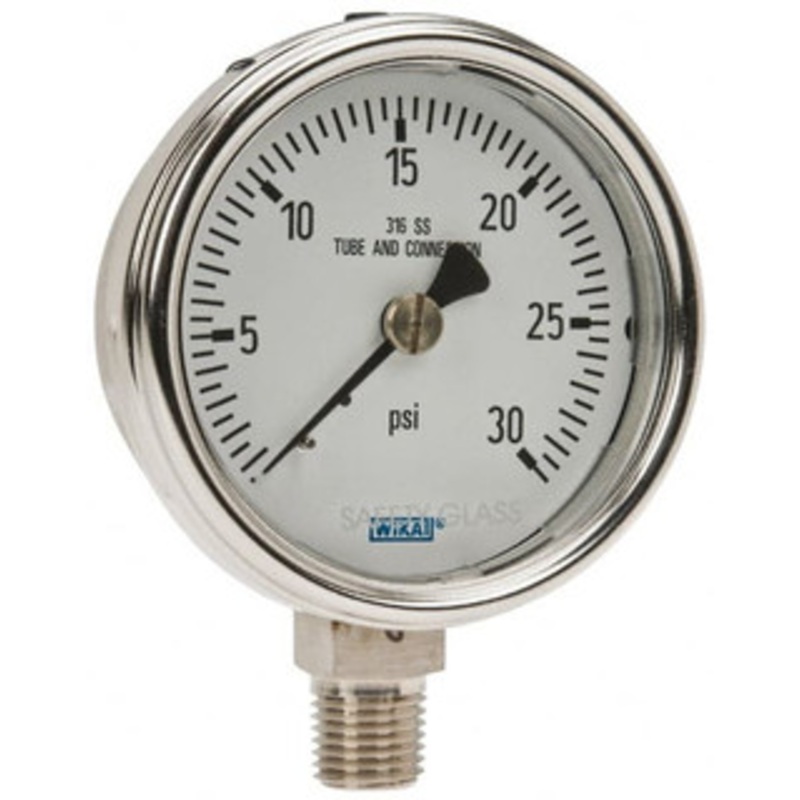 WIKA 2-1/2 Dial, 1/4 Thread, 0-30 Scale Range, Pressure Gauge Lower Connection Mount, Accurate to 2-1-2% of Scale 9744908 – 67588954