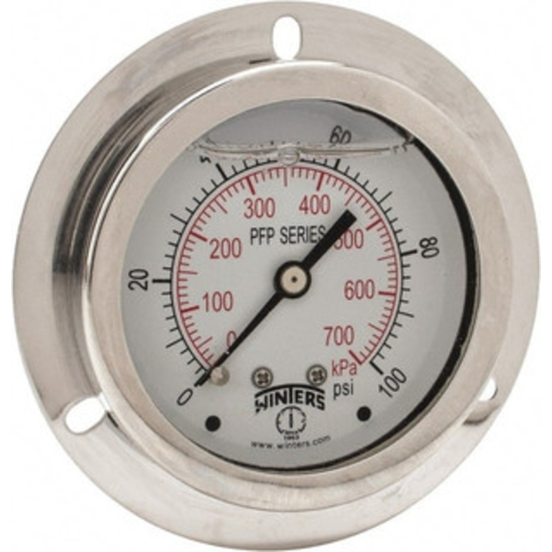 Winters Instruments 2-1/2 Dial, 1/4 Thread, 0-100 Scale Range, Pressure Gauge Front Flange Panel Mount, Center Back Connection Mount, Accurate to 1.6% of Scale PFP92425FFSG25. – 55193072