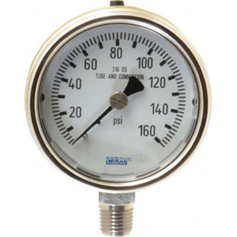 WIKA 2-1/2 Dial, 1/4 Thread, 0-160 Scale Range, Pressure Gauge Lower Connection Mount, Accurate to 2-1-2% of Scale 9744932 – 82951013