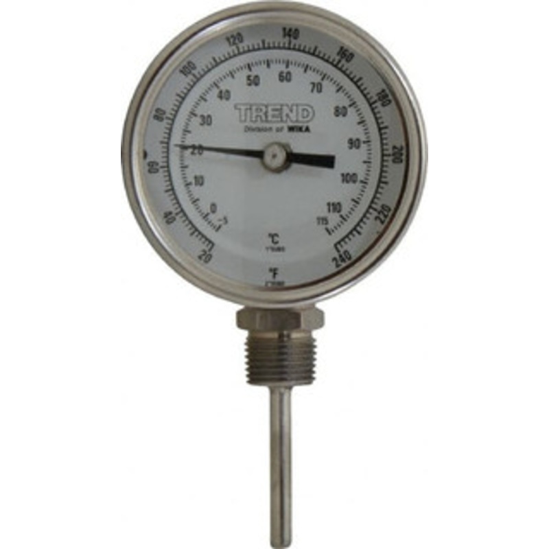 WIKA 2-1/2 Stem, 20 to 240 F Bi-Metal Thermometer Bottom Connected, 1% Accurate, Stainless Steel 52918065 – 56430895