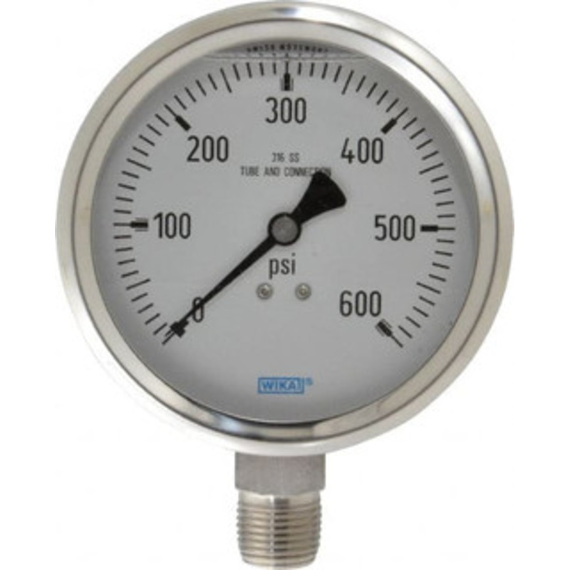 WIKA 4 Dial, 1/2 Thread, 0-600 Scale Range, Pressure Gauge Lower Connection Mount, Accurate to 1% of Scale 9833727 – 56455157