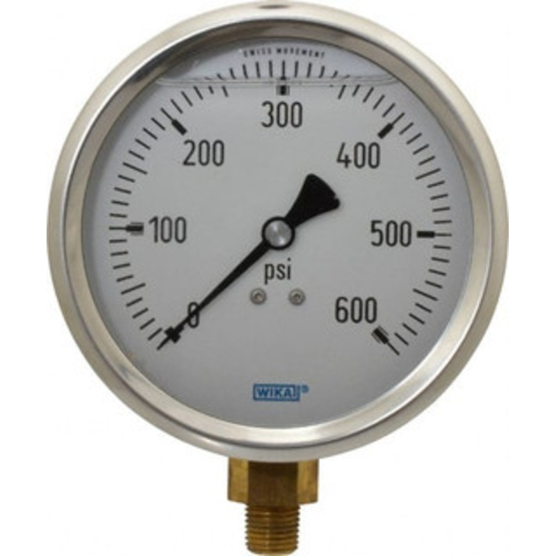 WIKA 4 Dial, 1/4 Thread, 0-600 Scale Range, Pressure Gauge Lower Connection Mount, Accurate to 1% of Scale 9699168 – 56454051