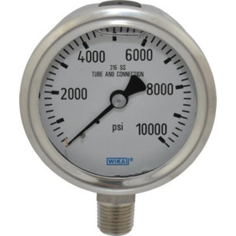 WIKA 2-1/2 Dial, 1/4 Thread, 0-10,000 Liquid Filled, Scale Range, Pressure Gauge Lower Connection Mount, Accurate to 1.5% of Scale 9833468 – 56454630