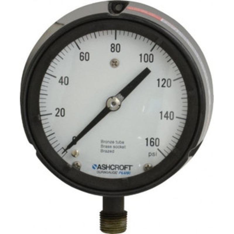 Ashcroft 4-1/2 Dial, 1/2 Thread, 0-160 Scale Range, Pressure Gauge Lower Connection, Rear Flange Connection Mount, Accurate to 0.5% of Scale 96226 – 74707704