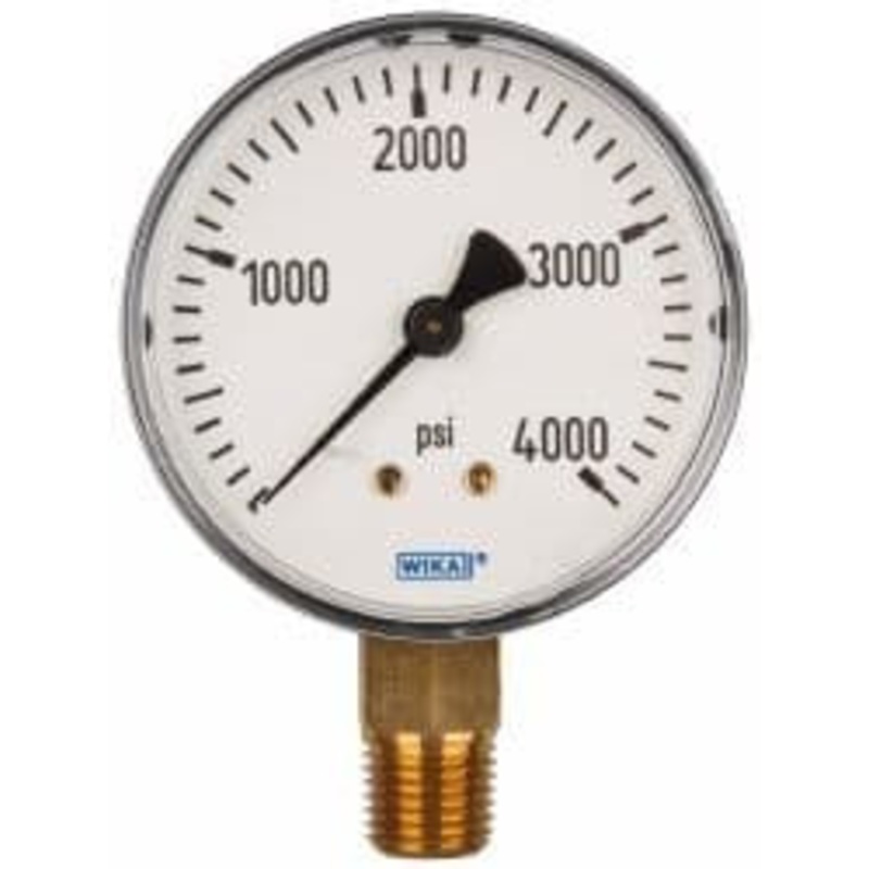 WIKA 2-1/2 Dial, 1/4 Thread, 0-4,000 Scale Range, Pressure Gauge Lower Connection Mount, Accurate to 3-2-3% of Scale 50786628 – 63146690