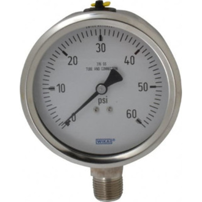 WIKA 4 Dial, 1/2 Thread, 0-60 Scale Range, Pressure Gauge Lower Connection Mount, Accurate to 1% of Scale 9768530 – 56452840