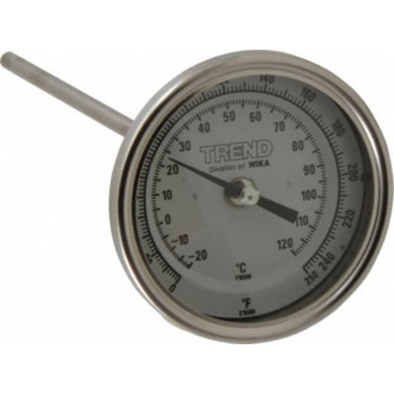 WIKA 9 Stem, 0 to 250 F Bi-Metal Thermometer Back Connected, 1% Accurate, Stainless Steel 30090A006G4 – 56426836