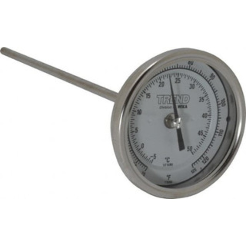 WIKA 9 Stem, 25 to 125 F Bi-Metal Thermometer Back Connected, 1% Accurate, Stainless Steel 30090A003G4 – 56426802