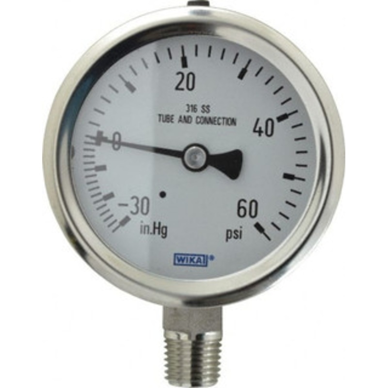 WIKA 2-1/2 Dial, 1/4 Thread, 30-0-60 Scale Range, Pressure Gauge Lower Connection Mount, Accurate to 1.5% of Scale 9768750 – 56452220