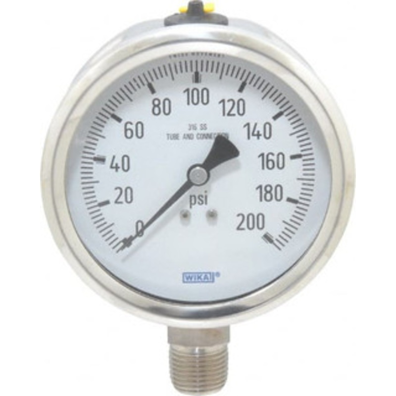 WIKA 4 Dial, 1/2 Thread, 0-200 Scale Range, Pressure Gauge Lower Connection Mount, Accurate to 1% of Scale 9768564 – 56452873