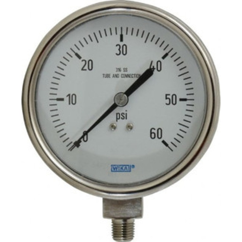 WIKA 4 Dial, 1/4 Thread, 0-60 Scale Range, Pressure Gauge Lower Connection Mount, Accurate to 1% of Scale 9745394 – 98983315