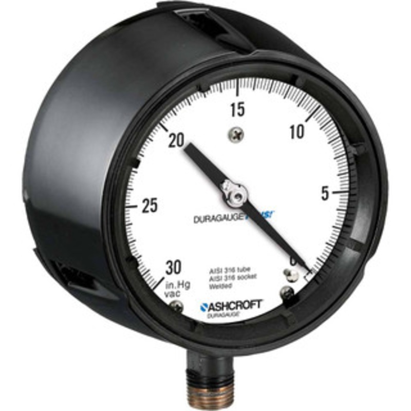 Ashcroft 4-1/2 Dial, 1/4 Thread, 30-0 Hg Scale Range, Vacuum Gauge Lower Connection, Rear Flange Connection Mount, Accurate to 0.5% of Scale 94831XLL – 74918129