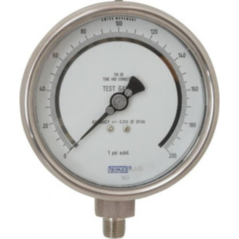 WIKA 4 Dial, 1/4 Thread, 0-200 Scale Range, Pressure Gauge Lower Connection Mount, Accurate to 0.25% of Scale 4220072 – 05162805